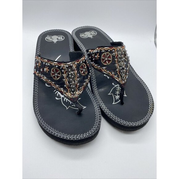 Boos Thong Sandals Women’s Black Beaded Aztec Summer Rubberized Size 9M - Picture 2 of 11